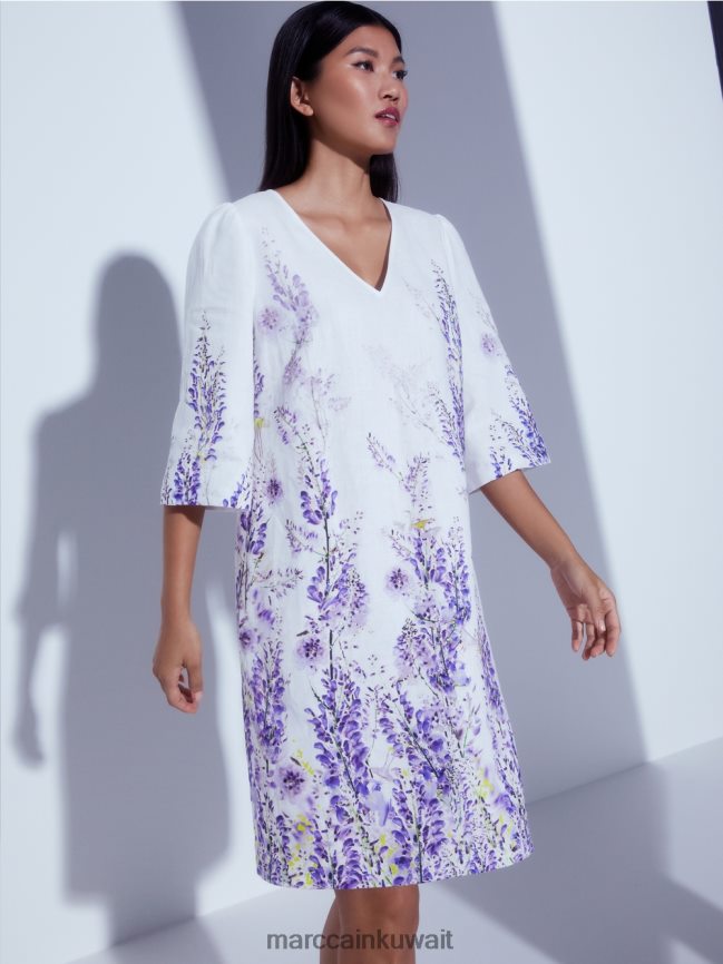 Marc Cain فستان من الكتان على شكل حرف A LVN0D677 ملابس أبيض مصفر