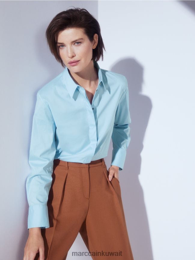 Marc Cain بلوزة طويلة من مزيج القطن LVN0D61016 ملابس الغلاف الجوي الأزرق