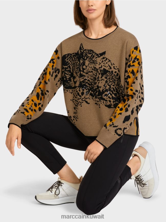 Marc Cain سترة محبوكة مع تصميم الفهد LVN0D61180 ملابس قهوة خفيفة