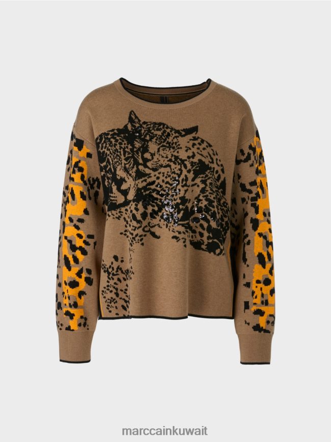 Marc Cain سترة محبوكة مع تصميم الفهد LVN0D61180 ملابس قهوة خفيفة
