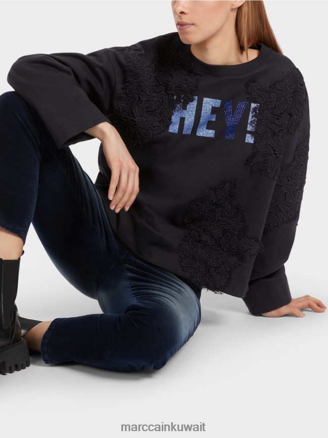 Marc Cain البلوز مع بريق والدانتيل LVN0D61219 ملابس منتصف الليل الأزرق