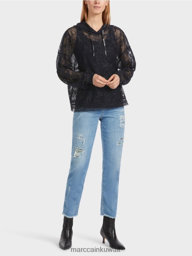 Marc Cain تول الدانتيل هوديي LVN0D61220 ملابس منتصف الليل الأزرق