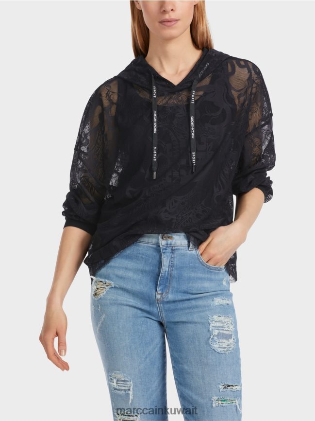 Marc Cain تول الدانتيل هوديي LVN0D61220 ملابس منتصف الليل الأزرق