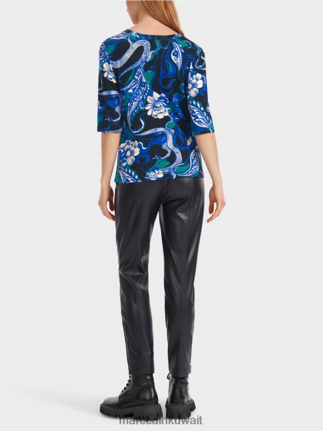 Marc Cain قميص قطني مضلع بتصميم وشم LVN0D61236 ملابس منتصف الليل الأزرق