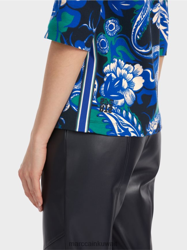 Marc Cain قميص قطني مضلع بتصميم وشم LVN0D61236 ملابس منتصف الليل الأزرق