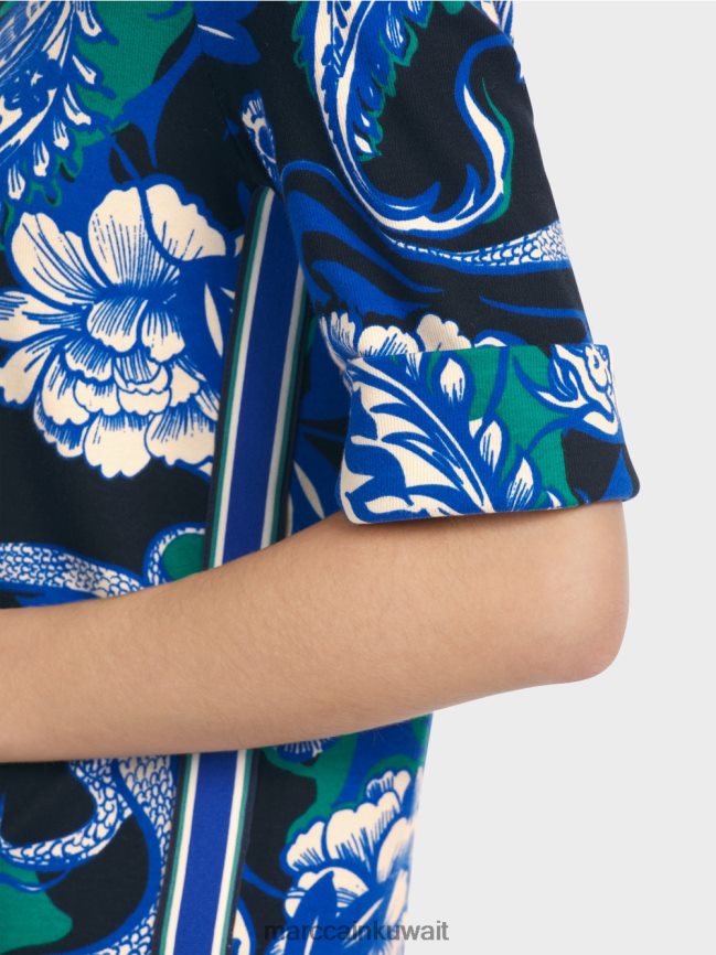 Marc Cain قميص قطني مضلع بتصميم وشم LVN0D61236 ملابس منتصف الليل الأزرق