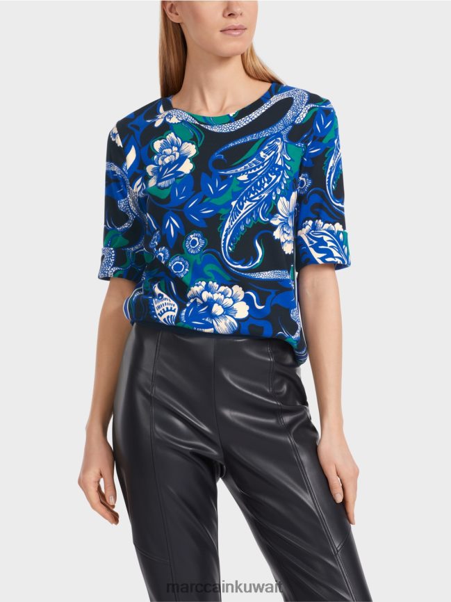 Marc Cain قميص قطني مضلع بتصميم وشم LVN0D61236 ملابس منتصف الليل الأزرق