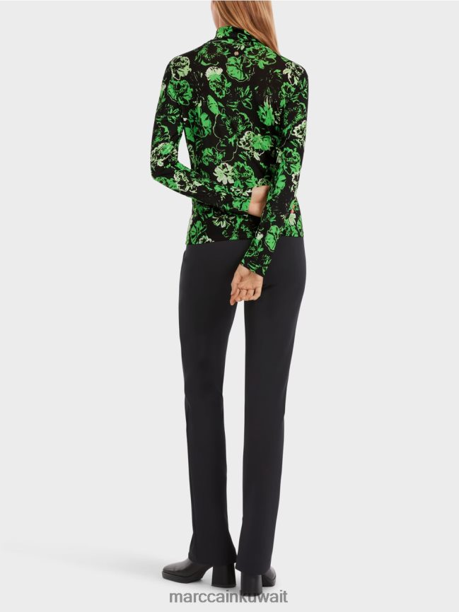 Marc Cain تيشيرت بياقة دائرية وتصميم زهور LVN0D61252 ملابس التفاح الأخضر الداكن