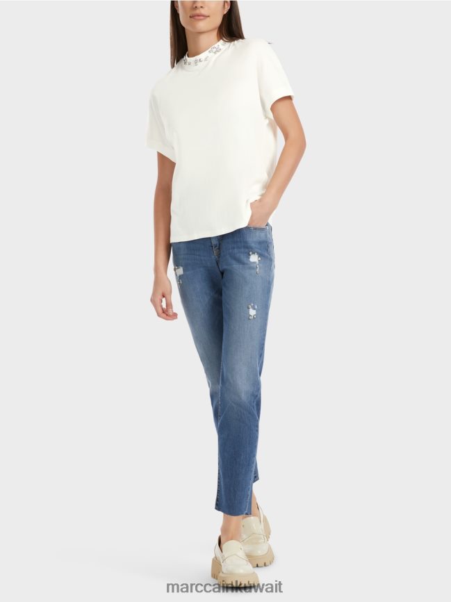 Marc Cain تي شيرت مع طوق مطرز LVN0D61285 ملابس أبيض مصفر