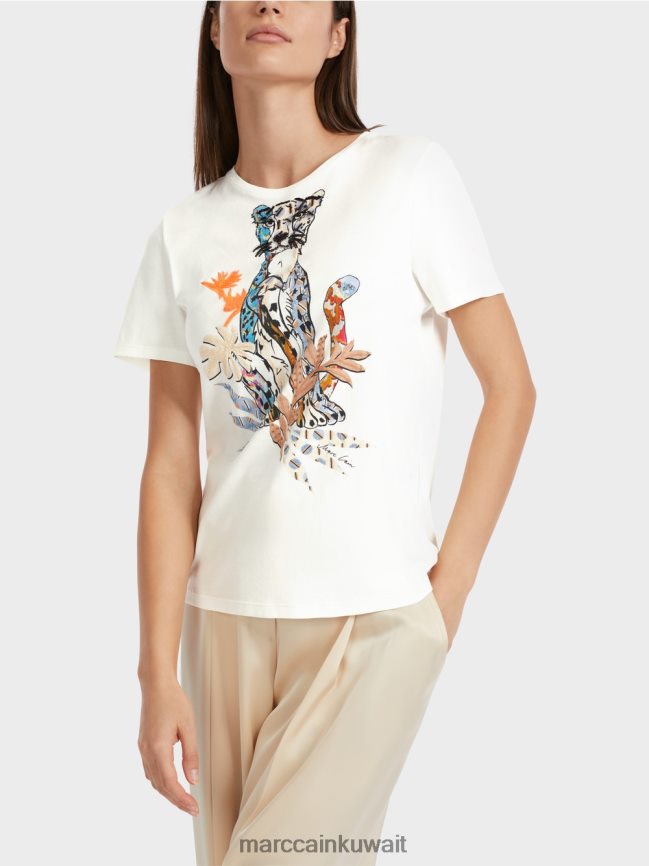Marc Cain تي شيرت مع زين النمر LVN0D61287 ملابس أبيض مصفر