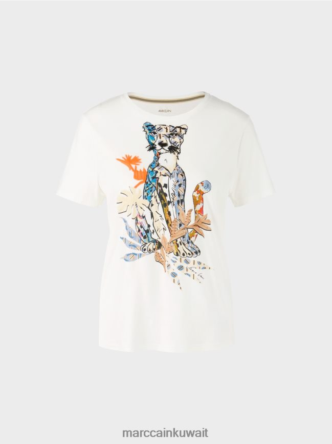 Marc Cain تي شيرت مع زين النمر LVN0D61287 ملابس أبيض مصفر