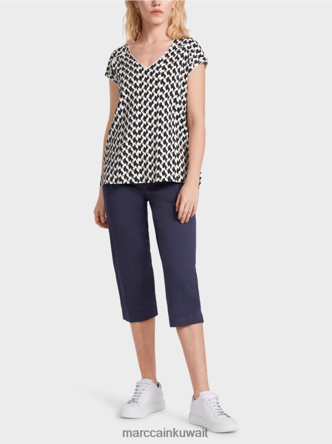 Marc Cain مزيج نمط تي شيرت مضلع LVN0D61355 ملابس منتصف الليل الأزرق