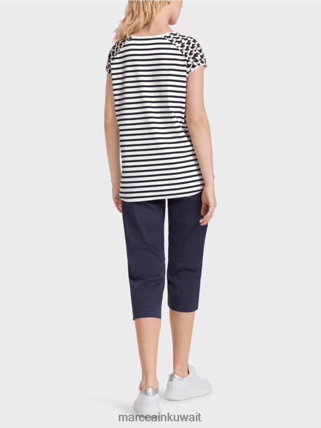 Marc Cain مزيج نمط تي شيرت مضلع LVN0D61355 ملابس منتصف الليل الأزرق