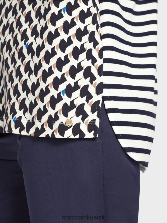 Marc Cain مزيج نمط تي شيرت مضلع LVN0D61355 ملابس منتصف الليل الأزرق