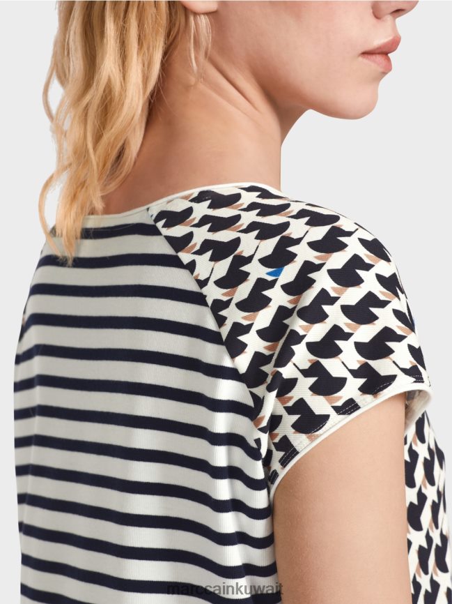 Marc Cain مزيج نمط تي شيرت مضلع LVN0D61355 ملابس منتصف الليل الأزرق