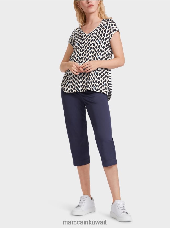 Marc Cain مزيج نمط تي شيرت مضلع LVN0D61355 ملابس منتصف الليل الأزرق