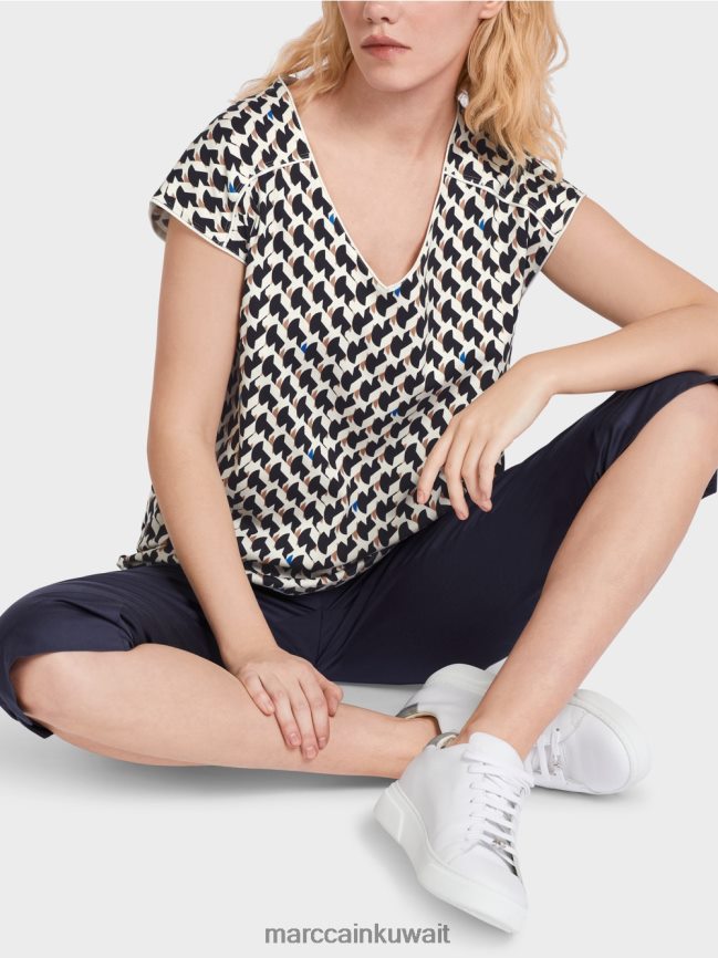 Marc Cain مزيج نمط تي شيرت مضلع LVN0D61355 ملابس منتصف الليل الأزرق