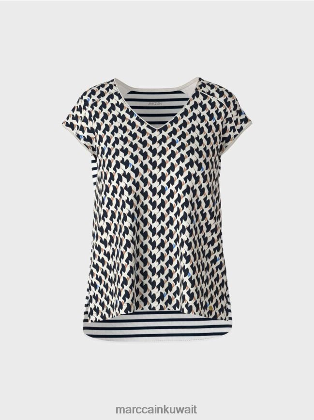 Marc Cain مزيج نمط تي شيرت مضلع LVN0D61355 ملابس منتصف الليل الأزرق