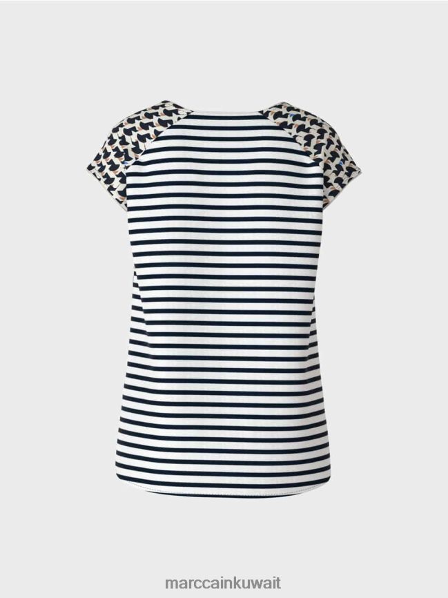 Marc Cain مزيج نمط تي شيرت مضلع LVN0D61355 ملابس منتصف الليل الأزرق