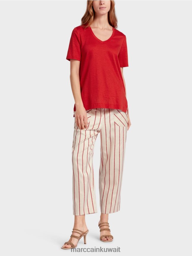 Marc Cain تي شيرت من مزيج الكتان LVN0D61377 ملابس أحمر عميق