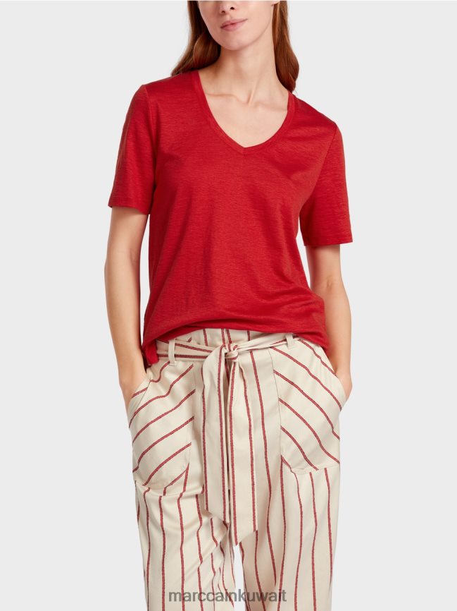 Marc Cain تي شيرت من مزيج الكتان LVN0D61377 ملابس أحمر عميق