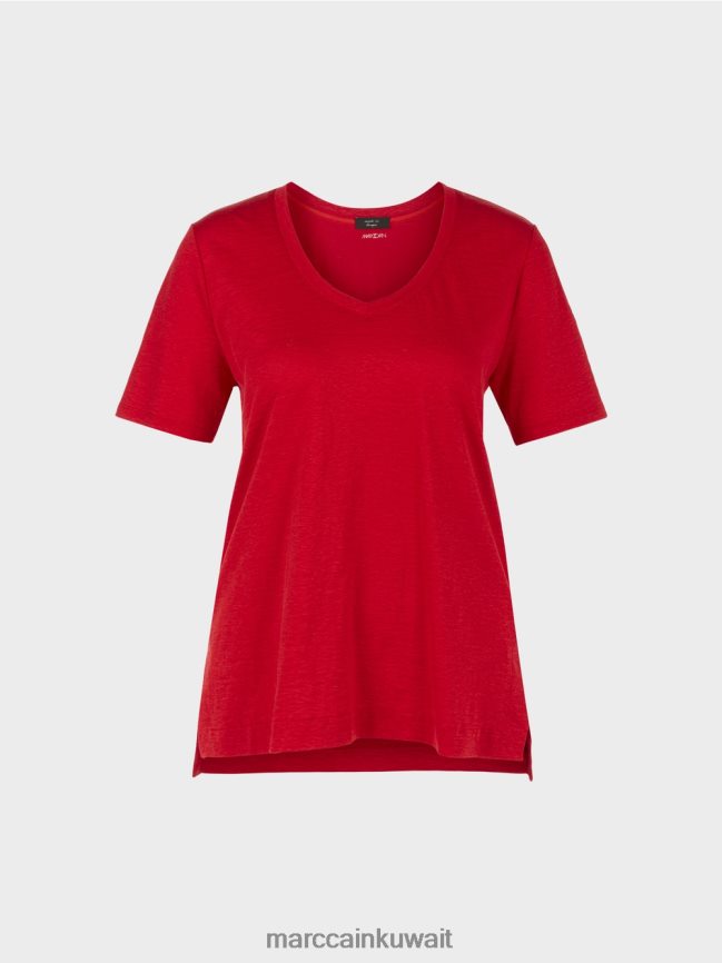 Marc Cain تي شيرت من مزيج الكتان LVN0D61377 ملابس أحمر عميق