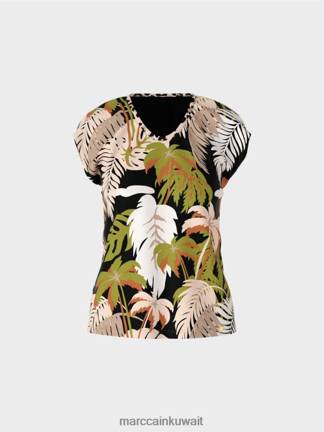 Marc Cain تيشيرت بطبعة استوائية LVN0D61394 ملابس زيتوني أخضر عميق