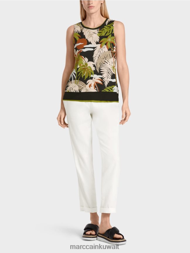 Marc Cain بلوزة بدون أكمام بطبعة استوائية LVN0D61399 ملابس زيتوني أخضر عميق