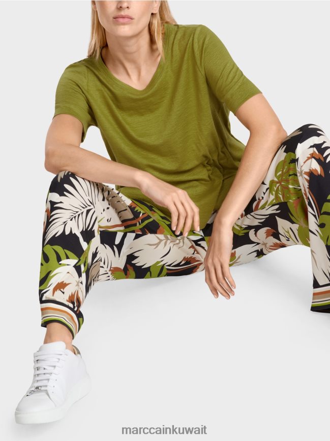 Marc Cain تي شيرت من الكتان LVN0D61406 ملابس زيتوني أخضر عميق