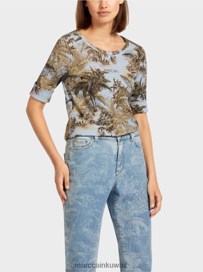 Marc Cain تي شيرت مطبوع بتصميم مضلع ناعم LVN0D61412 ملابس مسحوق أزرق فاتح