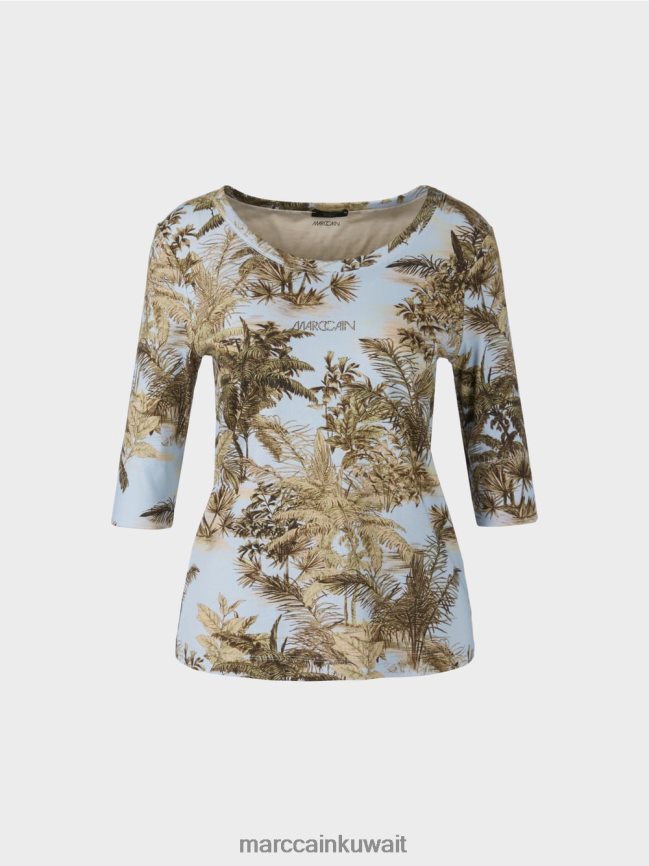 Marc Cain تي شيرت مطبوع بتصميم مضلع ناعم LVN0D61412 ملابس مسحوق أزرق فاتح