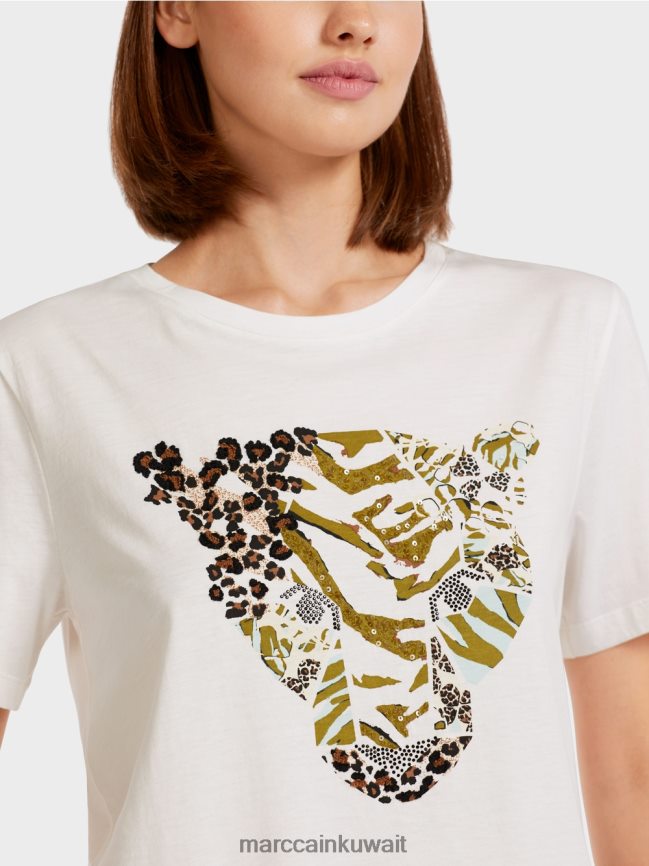 Marc Cain تي شيرت بنقش رأس النمر LVN0D61425 ملابس أبيض مصفر