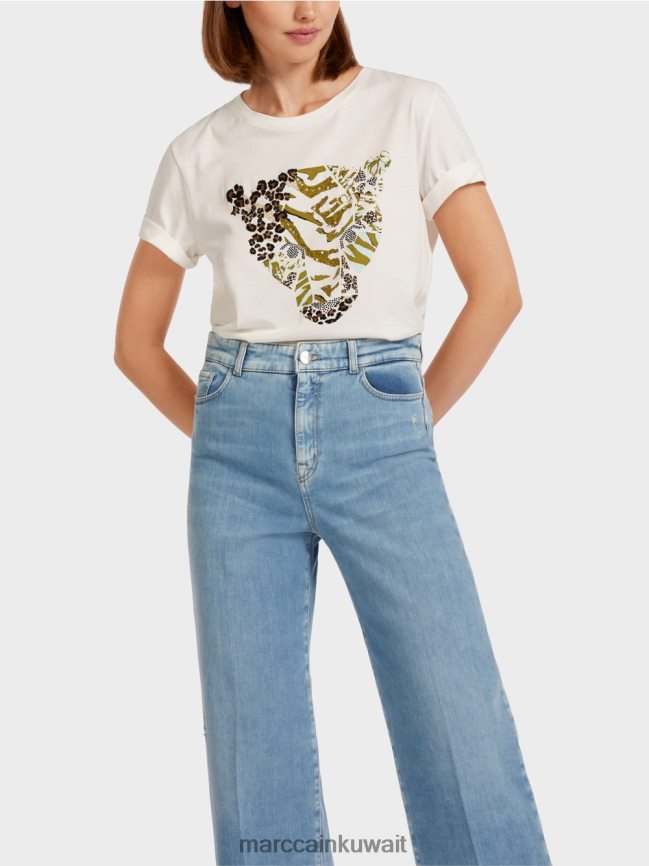 Marc Cain تي شيرت بنقش رأس النمر LVN0D61425 ملابس أبيض مصفر