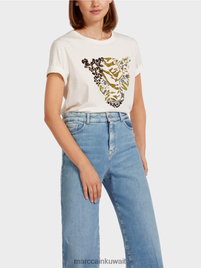 Marc Cain تي شيرت بنقش رأس النمر LVN0D61425 ملابس أبيض مصفر