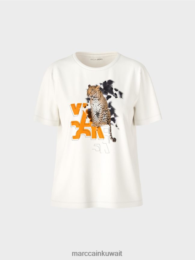 Marc Cain تي شيرت بطبعة الفهد والحروف LVN0D61431 ملابس أبيض مصفر