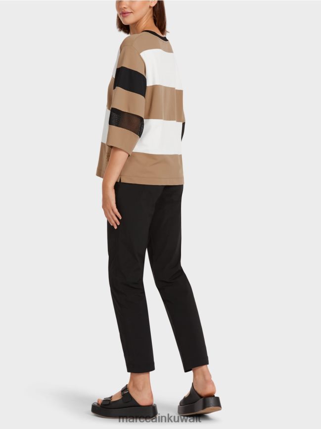 Marc Cain تي شيرت مخطط مع إدراجات شبكية LVN0D61434 ملابس قهوة خفيفة