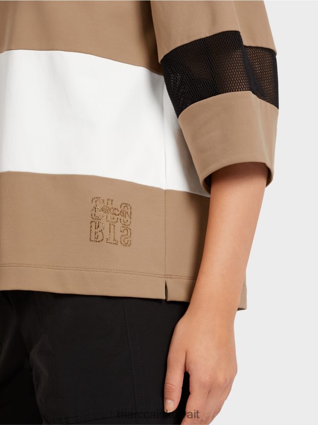 Marc Cain تي شيرت مخطط مع إدراجات شبكية LVN0D61434 ملابس قهوة خفيفة