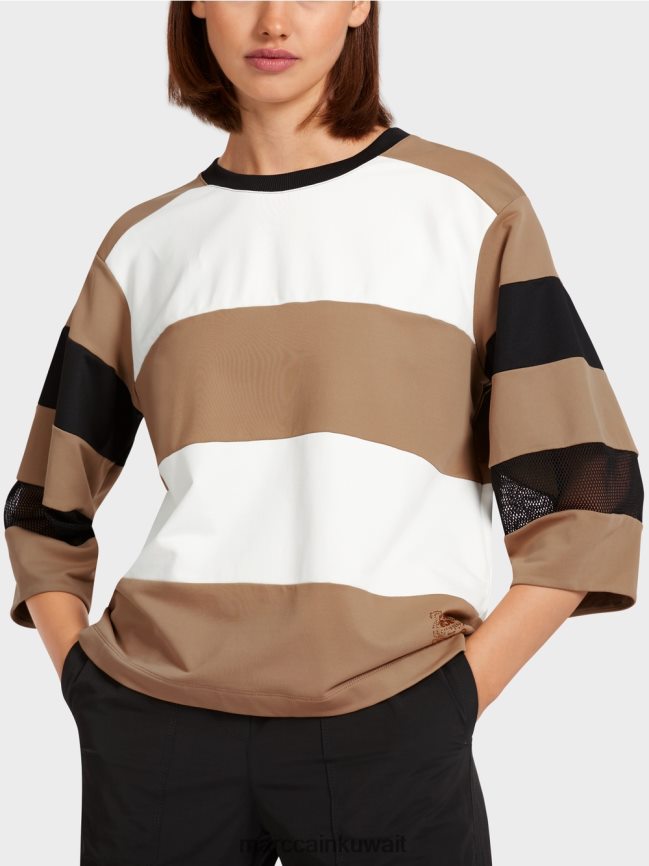 Marc Cain تي شيرت مخطط مع إدراجات شبكية LVN0D61434 ملابس قهوة خفيفة