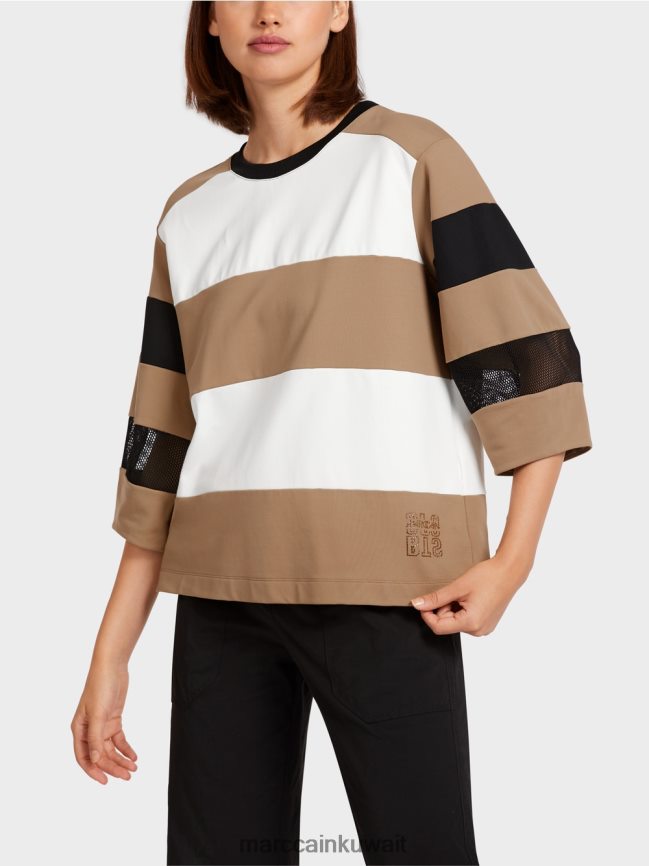 Marc Cain تي شيرت مخطط مع إدراجات شبكية LVN0D61434 ملابس قهوة خفيفة