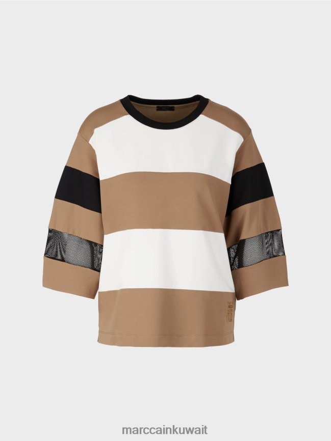 Marc Cain تي شيرت مخطط مع إدراجات شبكية LVN0D61434 ملابس قهوة خفيفة