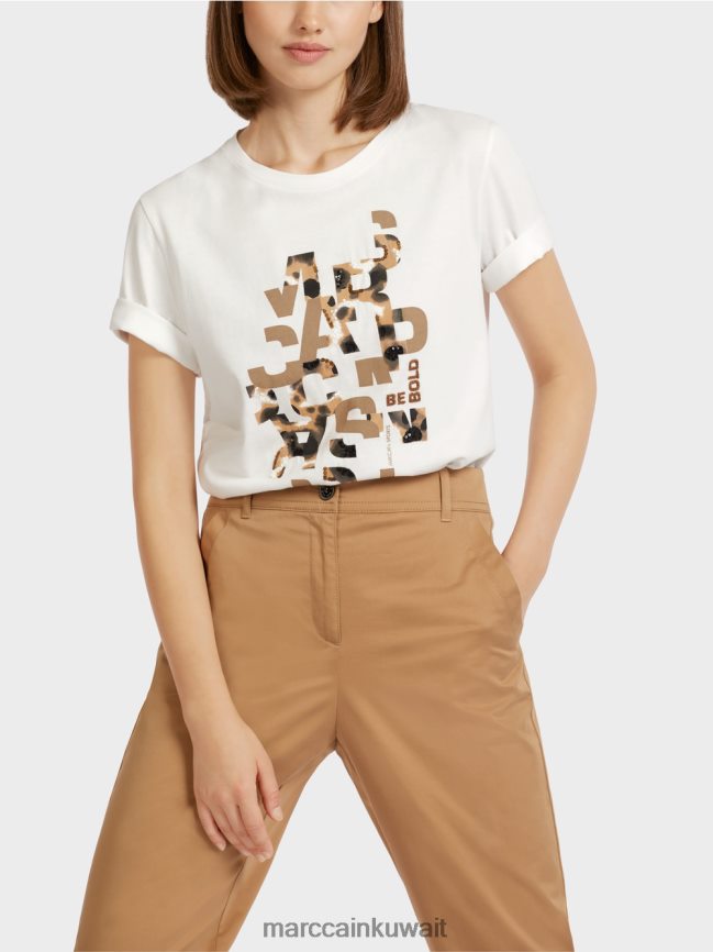 Marc Cain تي شيرت بطبعة الفهد والحروف LVN0D61436 ملابس أبيض مصفر