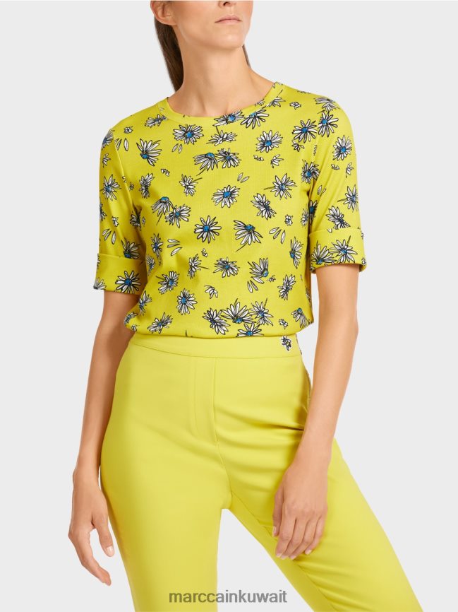 Marc Cain تي شيرت بنمط الأقحوان LVN0D61442 ملابس الكبريت الأخضر