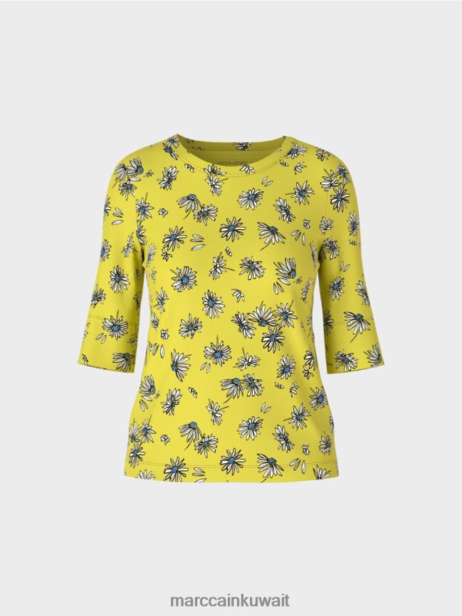 Marc Cain تي شيرت بنمط الأقحوان LVN0D61442 ملابس الكبريت الأخضر