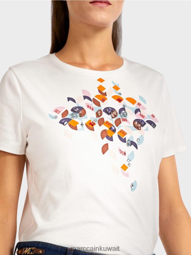 Marc Cain تي شيرت مزين بالخرز وتصميم الستينيات LVN0D61454 ملابس الغلاف الجوي الأزرق