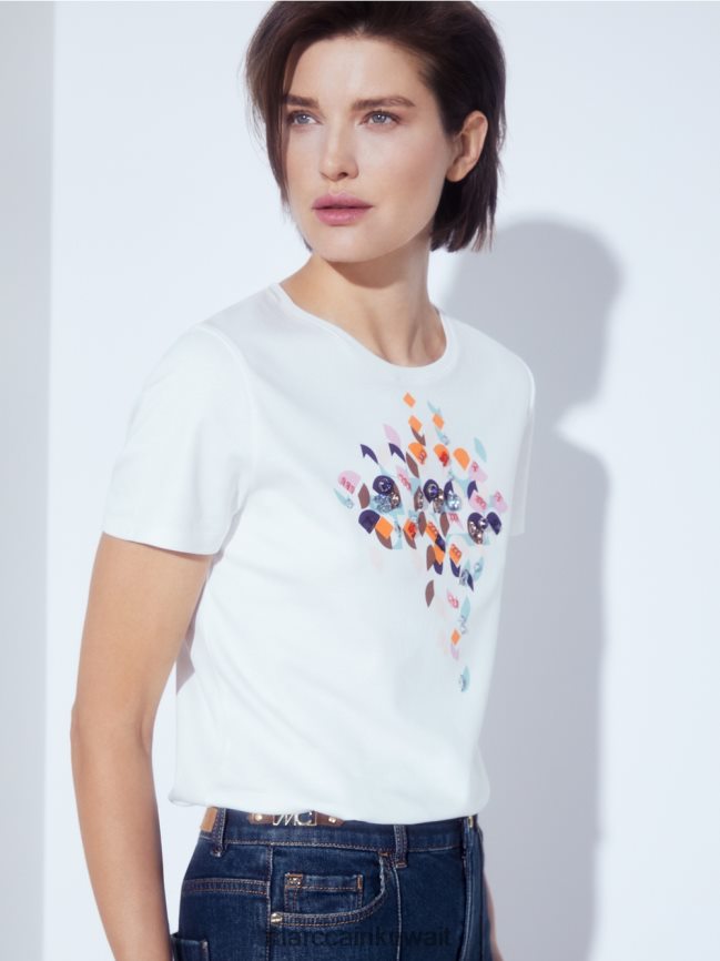 Marc Cain تي شيرت مزين بالخرز وتصميم الستينيات LVN0D61454 ملابس الغلاف الجوي الأزرق