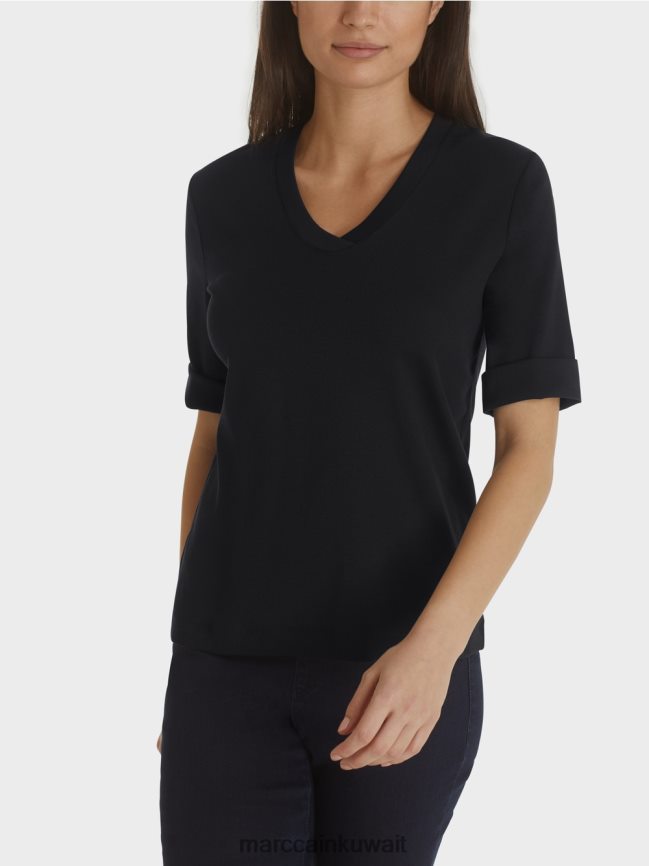 Marc Cain قميص جيرسيه قطني مضلع LVN0D61460 ملابس منتصف الليل الأزرق