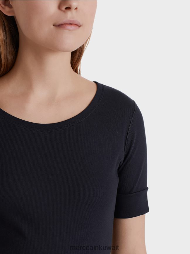 Marc Cain قميص بياقة دائرية وأكمام قصيرة LVN0D61466 ملابس منتصف الليل الأزرق