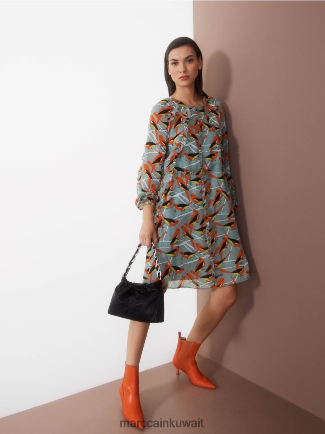 Marc Cain فستان تصميم الطيور LVN0D644 ملابس السماء الزرقاء الداكنة