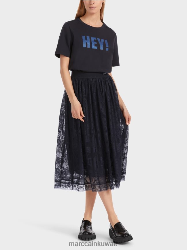 Marc Cain تنورة واسعة من الدانتيل التول LVN0D6456 ملابس منتصف الليل الأزرق