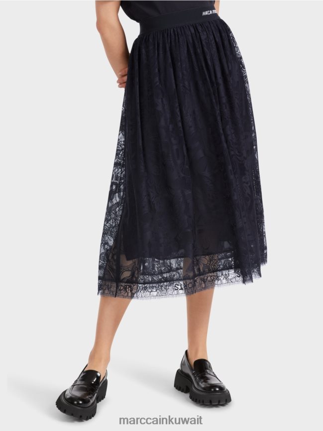 Marc Cain تنورة واسعة من الدانتيل التول LVN0D6456 ملابس منتصف الليل الأزرق